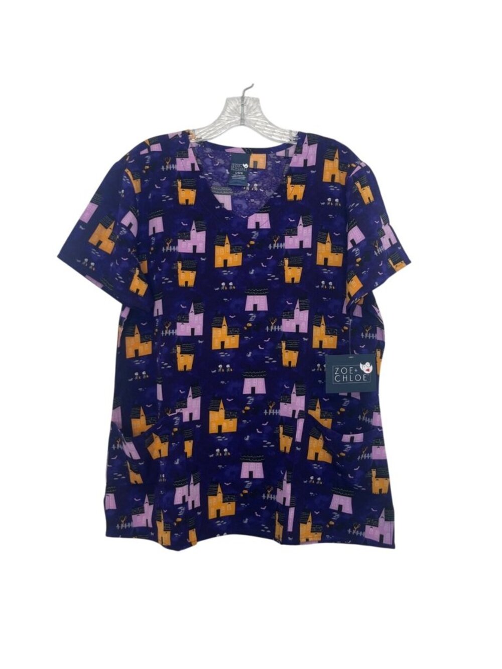Zoe‎ + Chloe Scrub Top Large Purple New Halloween Houses Short Sleeve Medical